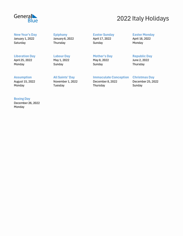 Free printable list of Italy holidays for year 2022