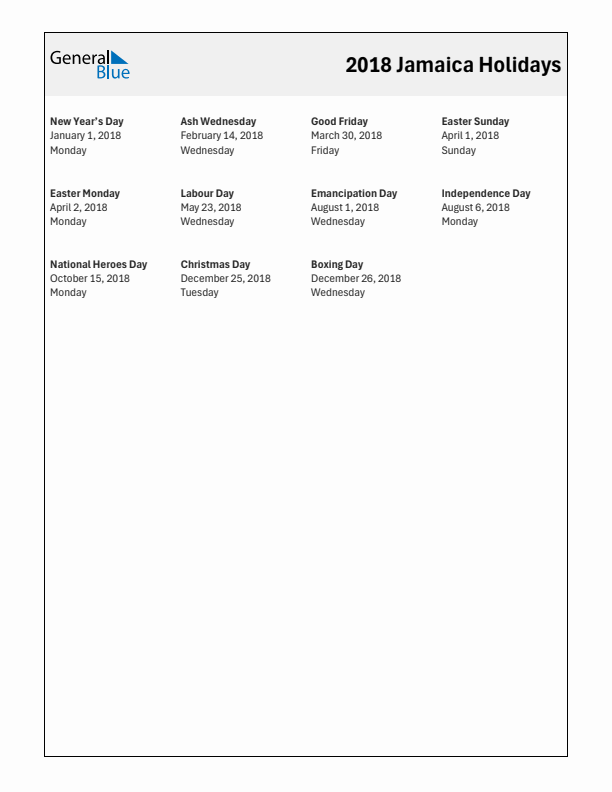 Free printable list of Jamaica holidays for year 2018