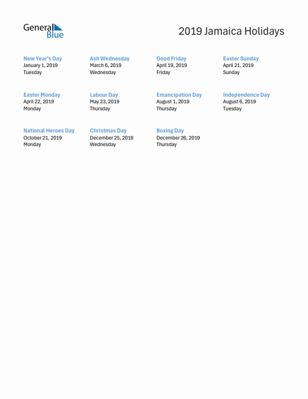 Free printable list of Jamaica holidays for year 2019