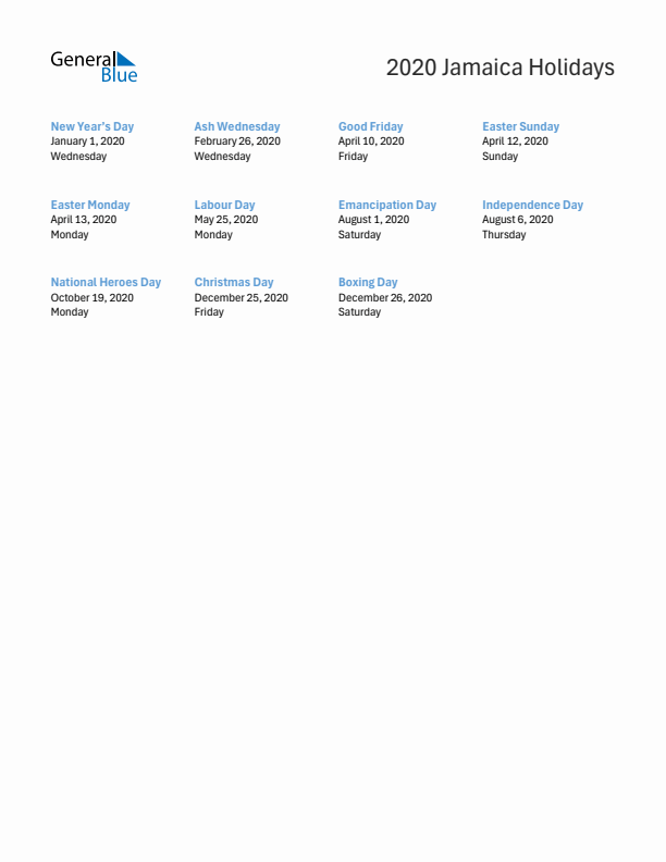 Free printable list of Jamaica holidays for year 2020