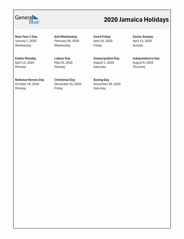 Free printable list of Jamaica holidays for year 2020