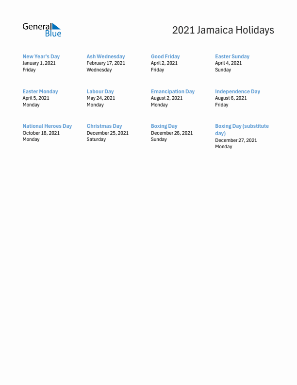 Free printable list of Jamaica holidays for year 2021