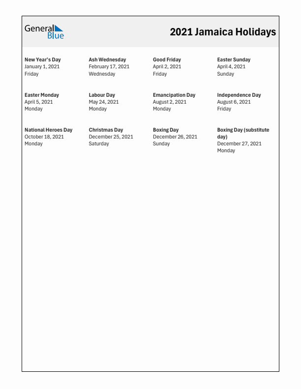 Free printable list of Jamaica holidays for year 2021