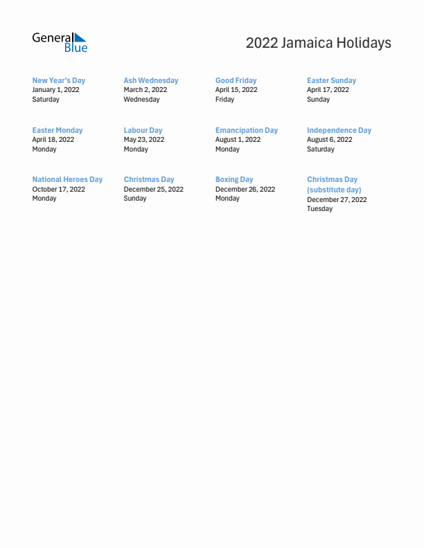 Free printable list of Jamaica holidays for year 2022