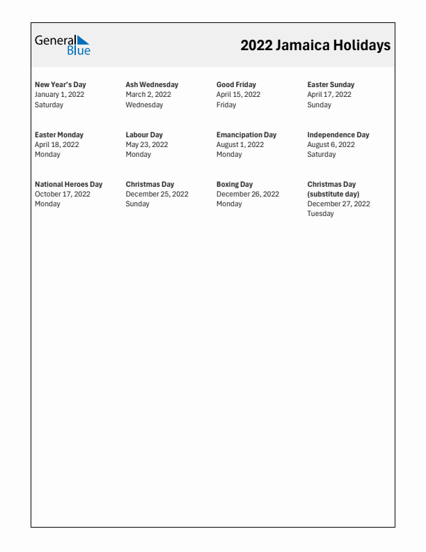 Free printable list of Jamaica holidays for year 2022