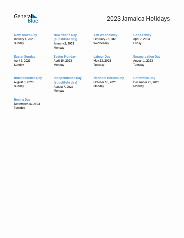 Free printable list of Jamaica holidays for year 2023
