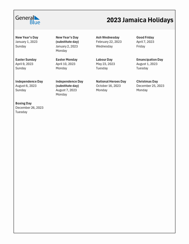 Free printable list of Jamaica holidays for year 2023