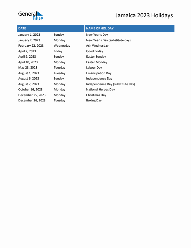 Free printable list of Jamaica holidays for year 2023