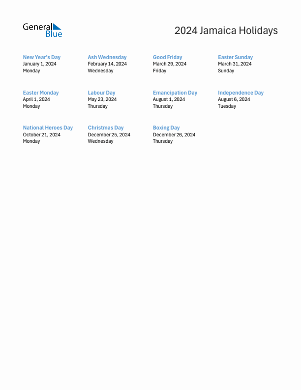 Free printable list of Jamaica holidays for year 2024