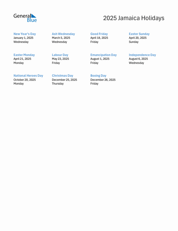 Free printable list of Jamaica holidays for year 2025