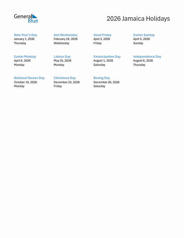 Free printable list of Jamaica holidays for year 2026