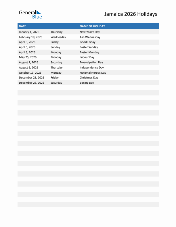 Free printable list of Jamaica holidays for year 2026