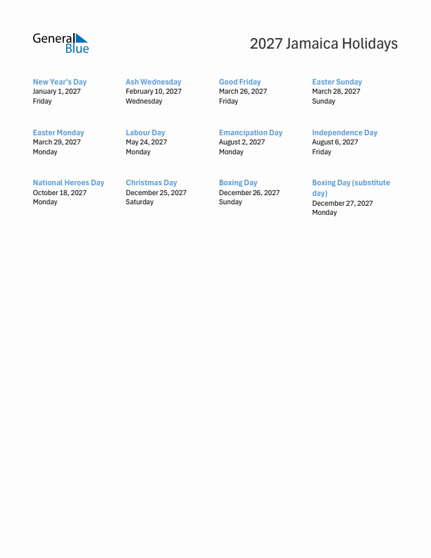 Free printable list of Jamaica holidays for year 2027