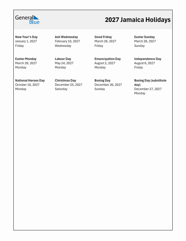 Free printable list of Jamaica holidays for year 2027