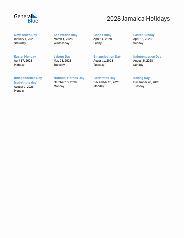 Free printable list of Jamaica holidays for year 2028