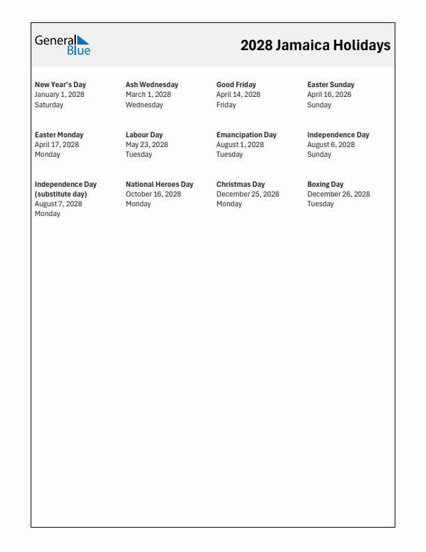 Free printable list of Jamaica holidays for year 2028