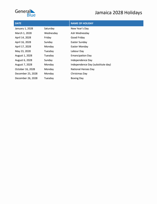 Free printable list of Jamaica holidays for year 2028