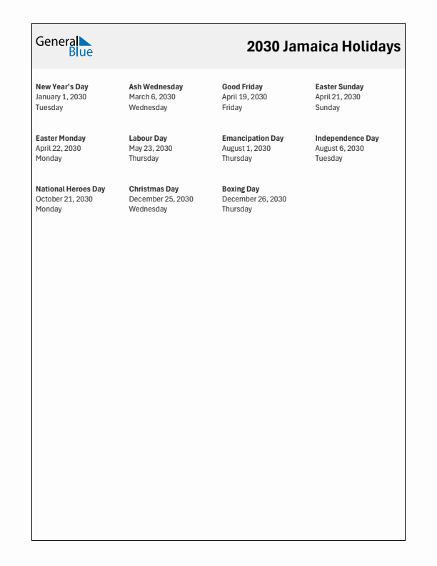 Free printable list of Jamaica holidays for year 2030