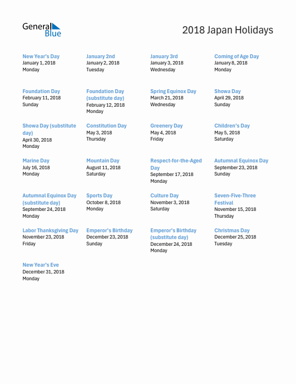 Free printable list of Japan holidays for year 2018