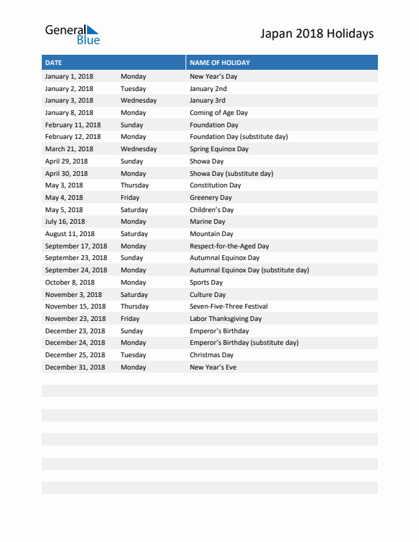 Free printable list of Japan holidays for year 2018