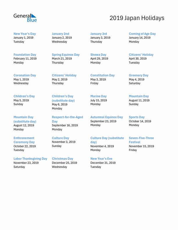 Free printable list of Japan holidays for year 2019