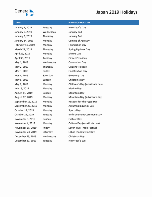 Free printable list of Japan holidays for year 2019