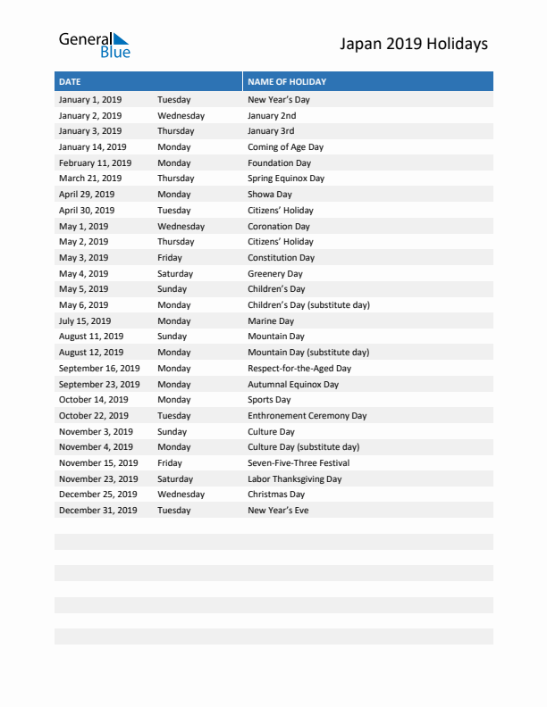 Free printable list of Japan holidays for year 2019