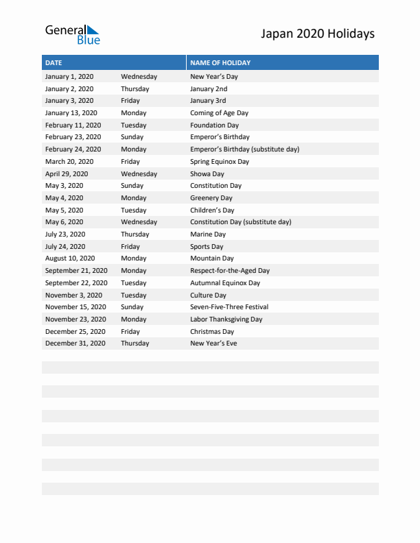 Free printable list of Japan holidays for year 2020