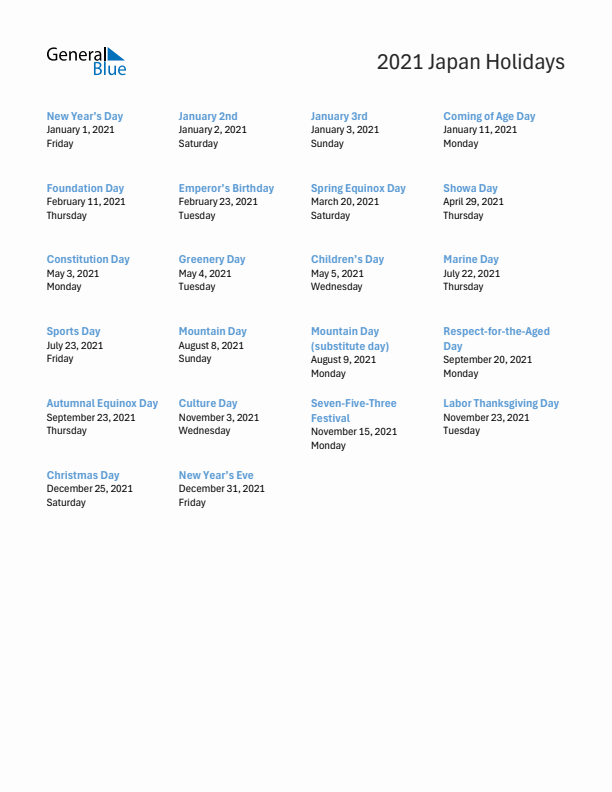 Free printable list of Japan holidays for year 2021