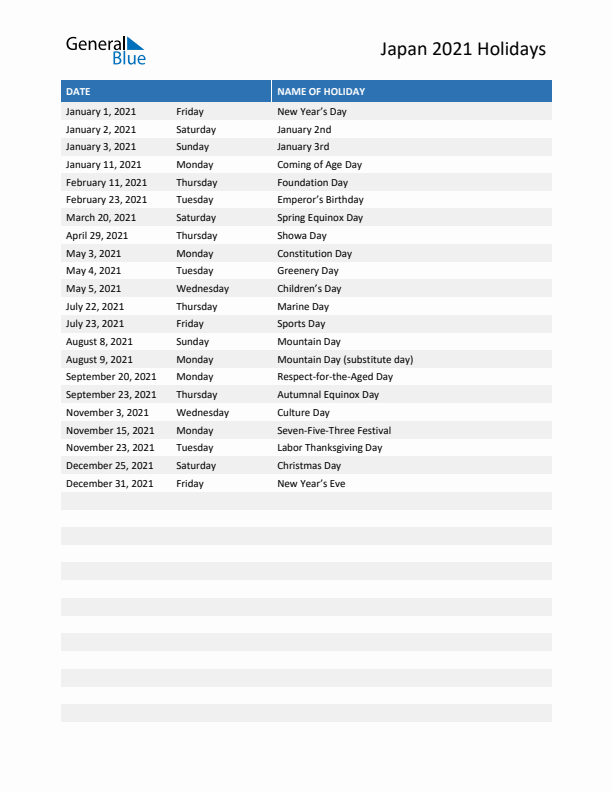 Free printable list of Japan holidays for year 2021