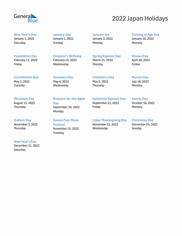 Free printable list of Japan holidays for year 2022