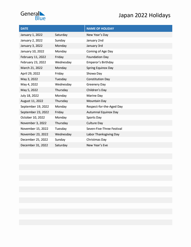 Free printable list of Japan holidays for year 2022