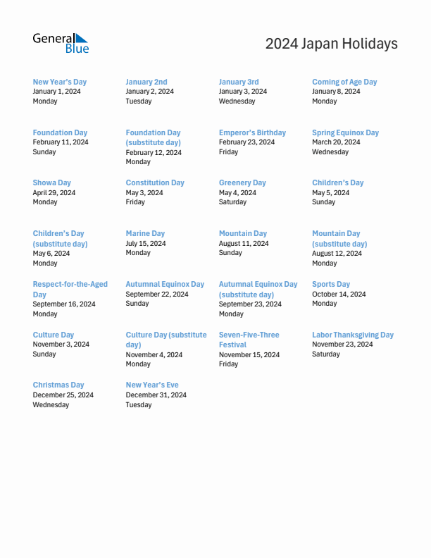 Free printable list of Japan holidays for year 2024