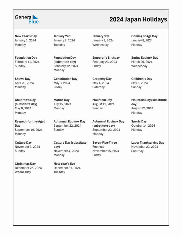 Free printable list of Japan holidays for year 2024