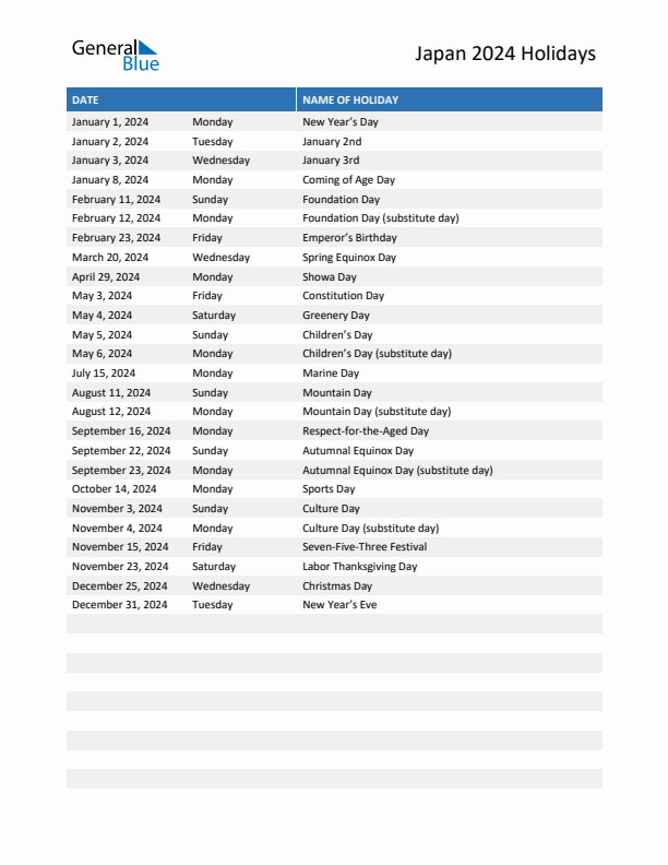 Free printable list of Japan holidays for year 2024