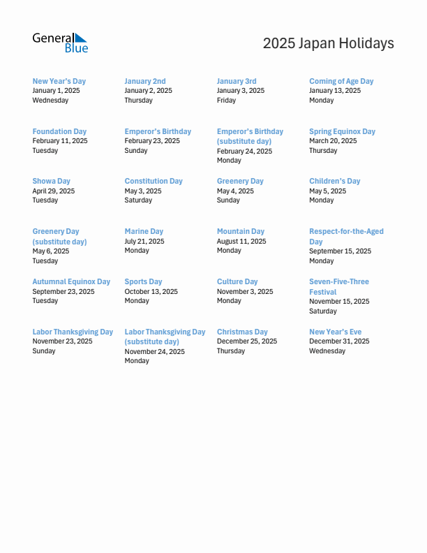 Free printable list of Japan holidays for year 2025