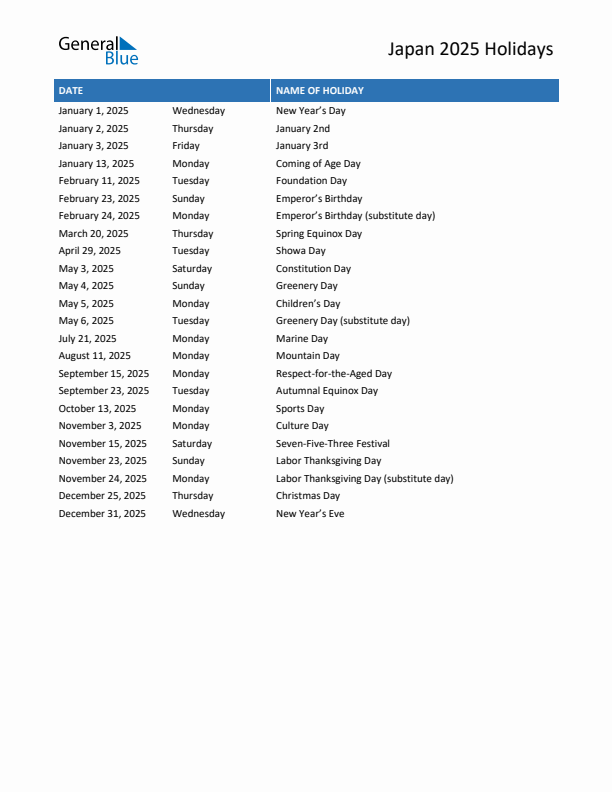 Printable list of holidays in Japan