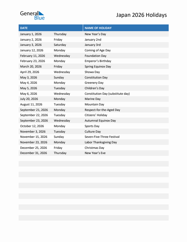 Free printable list of Japan holidays for year 2026