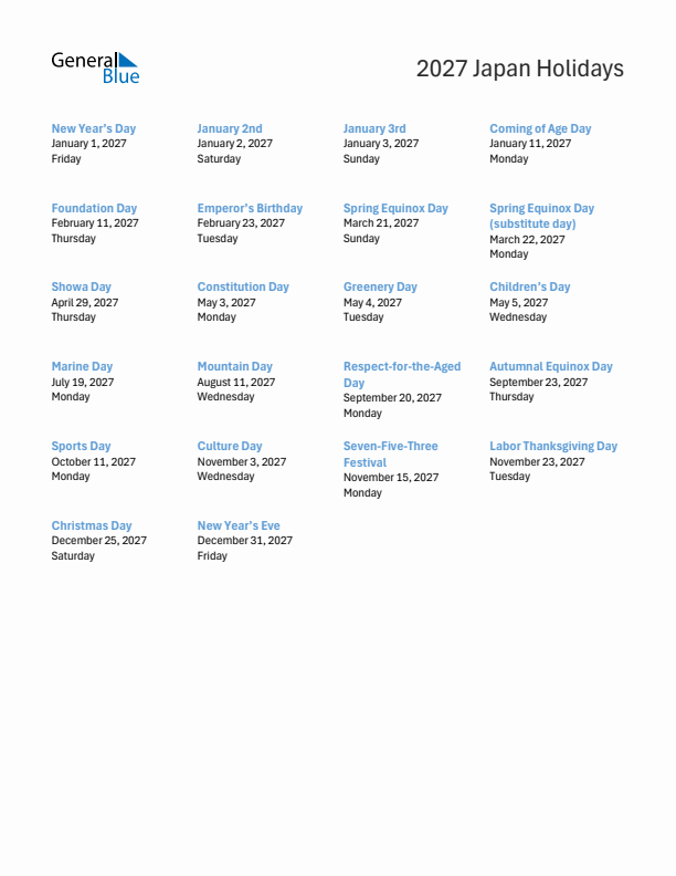 Free printable list of Japan holidays for year 2027