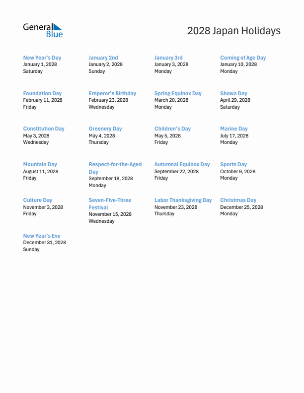 Free printable list of Japan holidays for year 2028