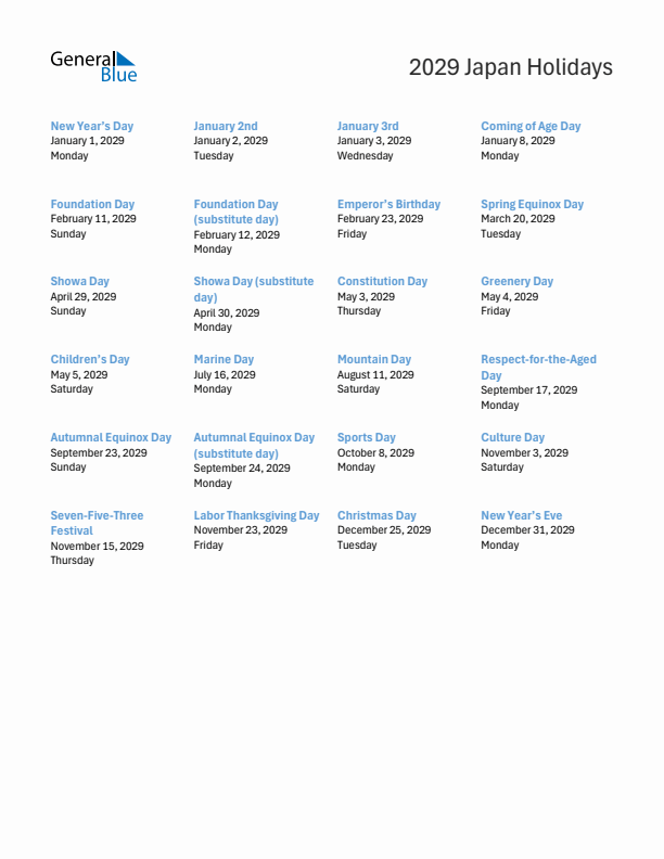 Free printable list of Japan holidays for year 2029