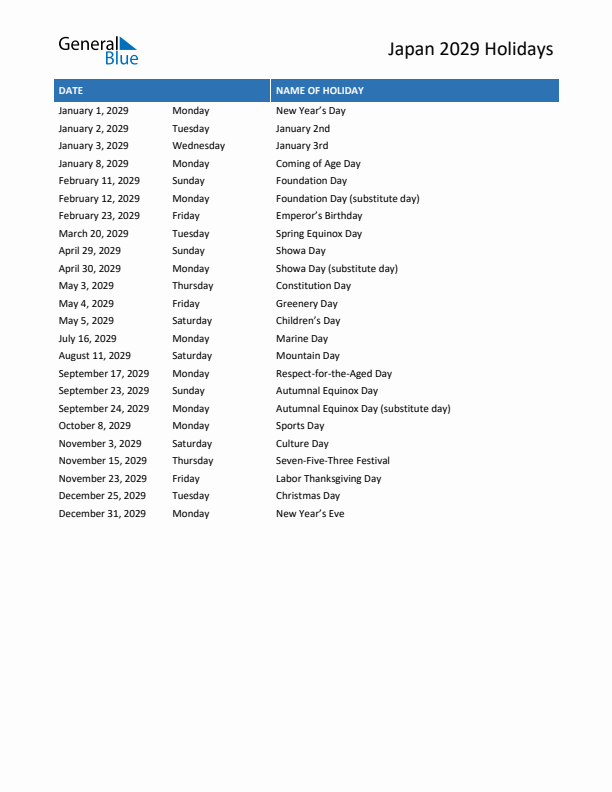 Free printable list of Japan holidays for year 2029