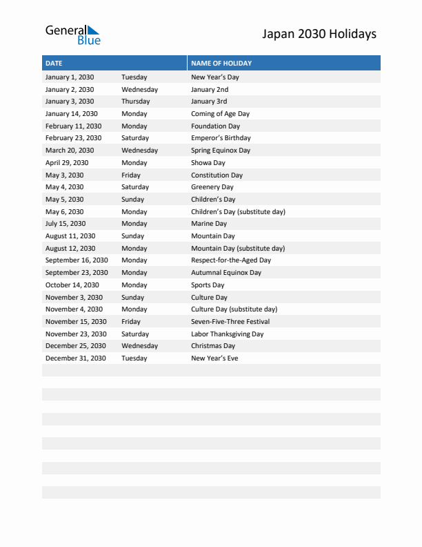 Free printable list of Japan holidays for year 2030