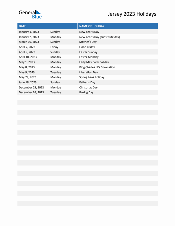 Free printable list of Jersey holidays for year 2023