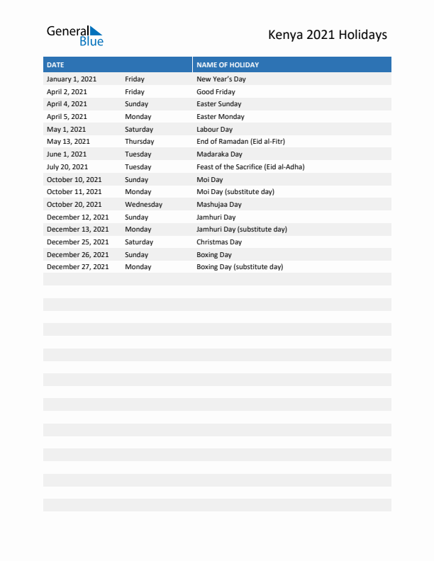 Free printable list of Kenya holidays for year 2021