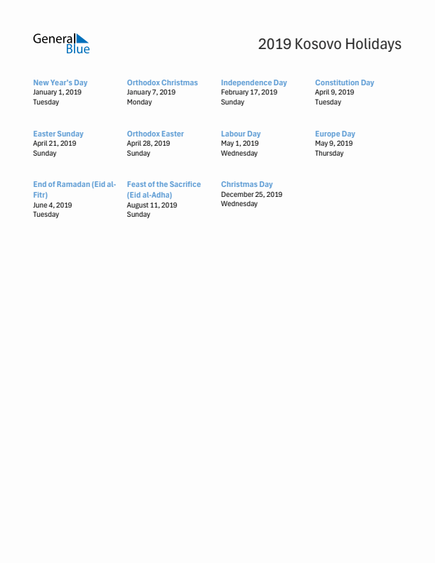 Free printable list of Kosovo holidays for year 2019