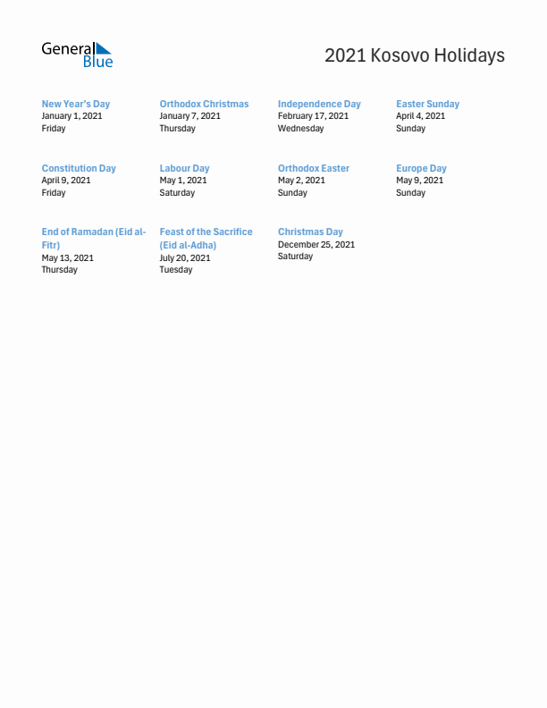 Free printable list of Kosovo holidays for year 2021