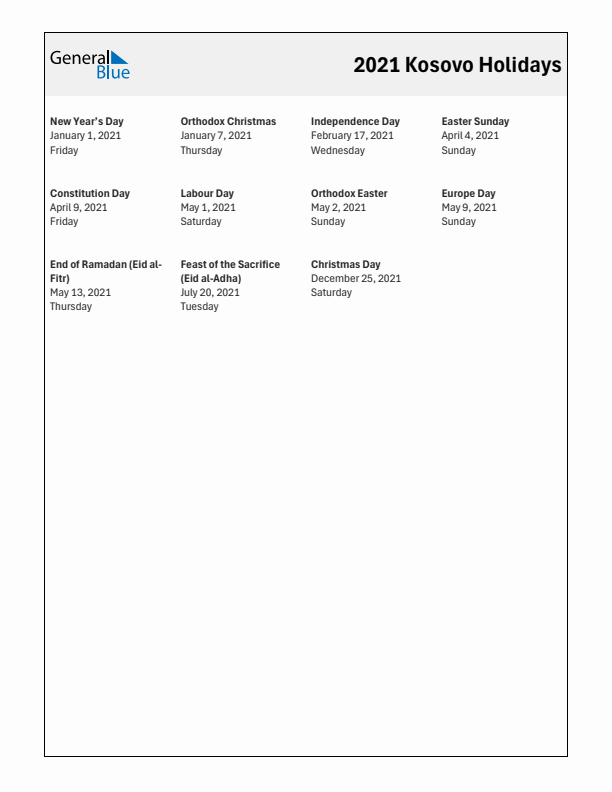 Free printable list of Kosovo holidays for year 2021