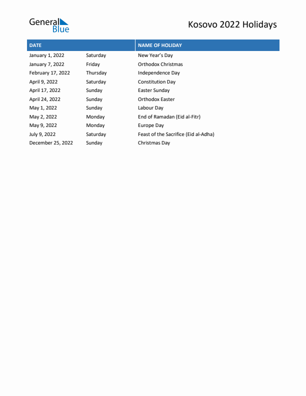 Free printable list of Kosovo holidays for year 2022