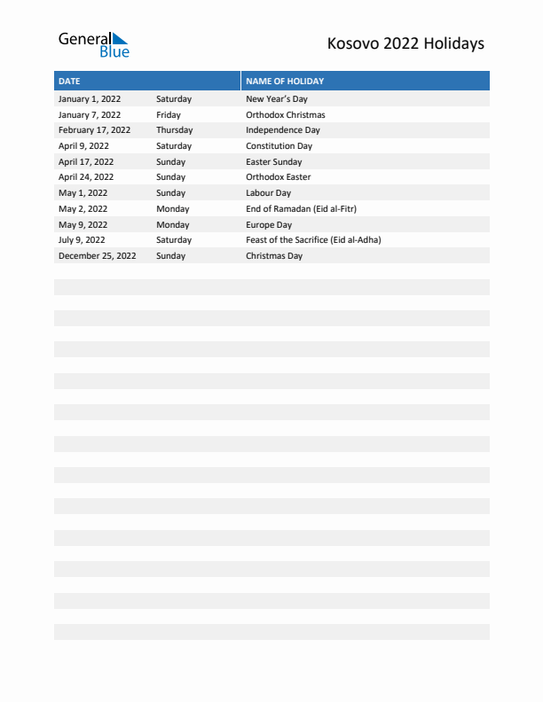 Free printable list of Kosovo holidays for year 2022